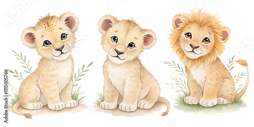 cute baby lion watercolor set painting drawing cut out isolated on white background