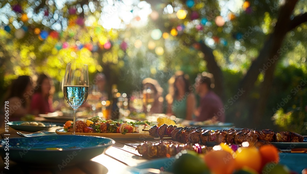 Delightful Outdoor Summer BBQ Feast with Friends, Enjoying Grilled Kebabs and Refreshing Drinks Under a Canopy of Lights. Delightful Outdoor Summer BBQ Feast with Friends, Enjoying Grilled Kebabs and Refreshing Drinks Under a Canopy of Lights.