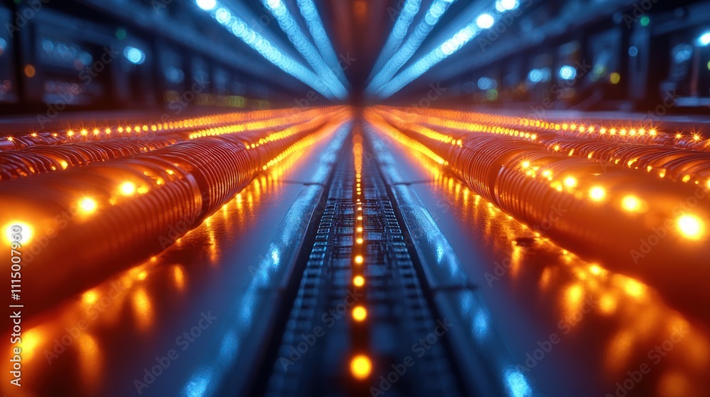 Fototapeta premium Close-Up of Vibrant Orange Network Cables Connected to a Server in a Data Center Environment