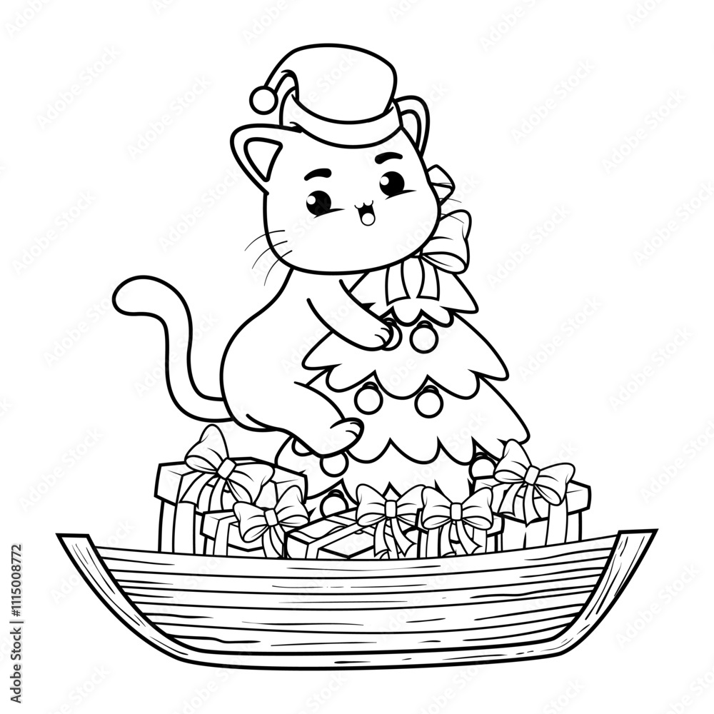 Naklejka premium Christmas coloring page with cat for kids