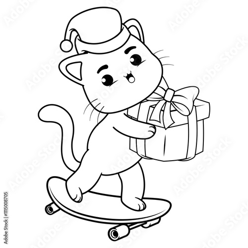 Christmas coloring page with cat for kids