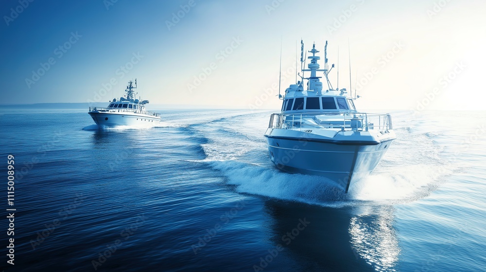 Naklejka premium Sleek Naval Patrol Boats Monitoring the Ocean with Advanced Technology and Defense Systems. Sea area control, anti-terrorism, anti-piracy, marine protection, environmental monitoring, marine pollution