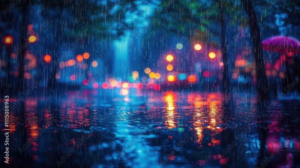 Fototapeta premium Rainy Night City Street Neon Lights Reflection Urban Background