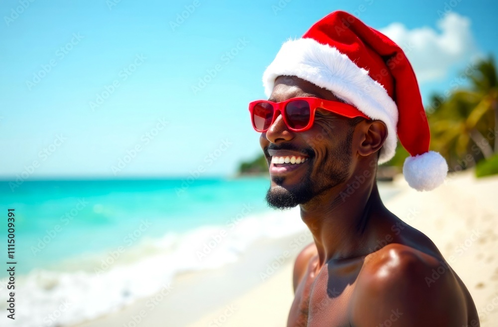 Obraz premium Happy Young Black Man in Santa Clause hat and red sunglasses, against the backdrop of Sea waves, sandy Beach. Winter tourism, Christmas holidays at sea or ocean. Copy Space