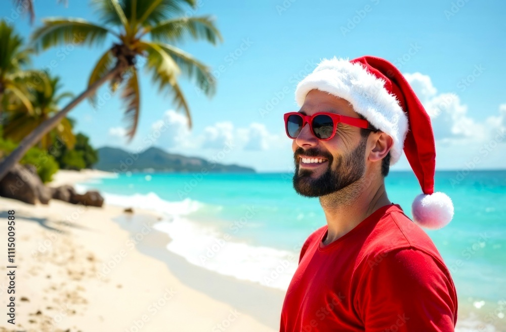 Obraz premium Happy bearded Man in Santa Clause hat and red sunglasses, against the backdrop of Sea waves, sandy Beach. Winter tourism, Christmas holidays at sea or ocean. Copy Space