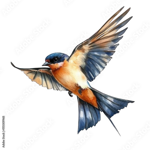 Collection of PNG. Watercolor painting of a swallow flight with its wings, isolated on a transparency background.