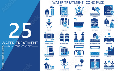 Water treatment dual tone color icons set. contain analysis, aquifer, corrosion, filter, drain and more. Vector EPS 10 for print, digital UI, UX kit, web and app for industry, ecology and environment