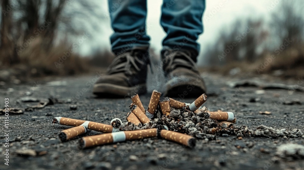 Naklejka premium Discarded Cigarettes Littering a Forgotten Pathway in Nature
