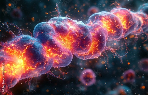 Vibrant Surreal Cellular Illustration of Human Cell Anatomy with Detailed Organelles and Nucleus Against Microbial Background