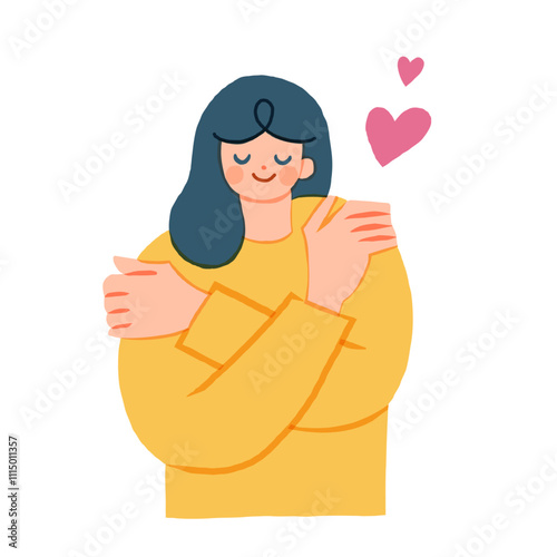 セルフハグ 自分自身を抱きしめる女性のイラスト
