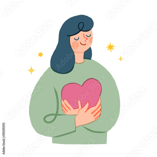 ハートを抱きしめる女性のイラスト