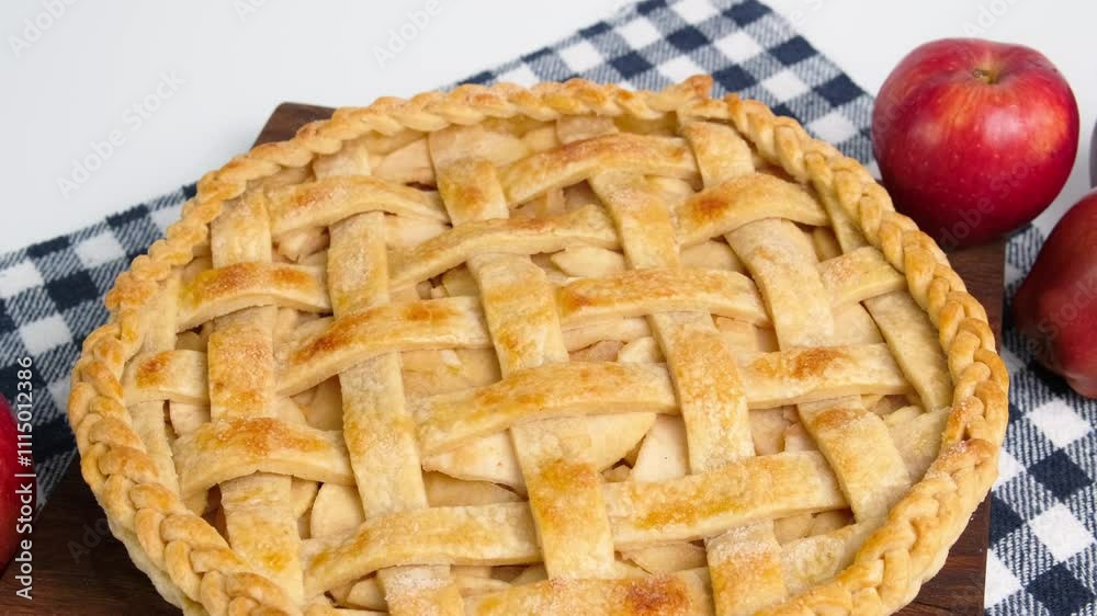 Freshly baked homemade apple tart, white background