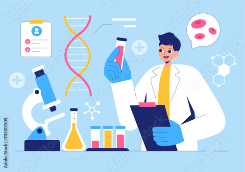 Biomarkers Vector Illustration featuring Biomarker DNA Biology Evidence, Nanotechnology, Structural Chemical Formulas, and Molecular Models