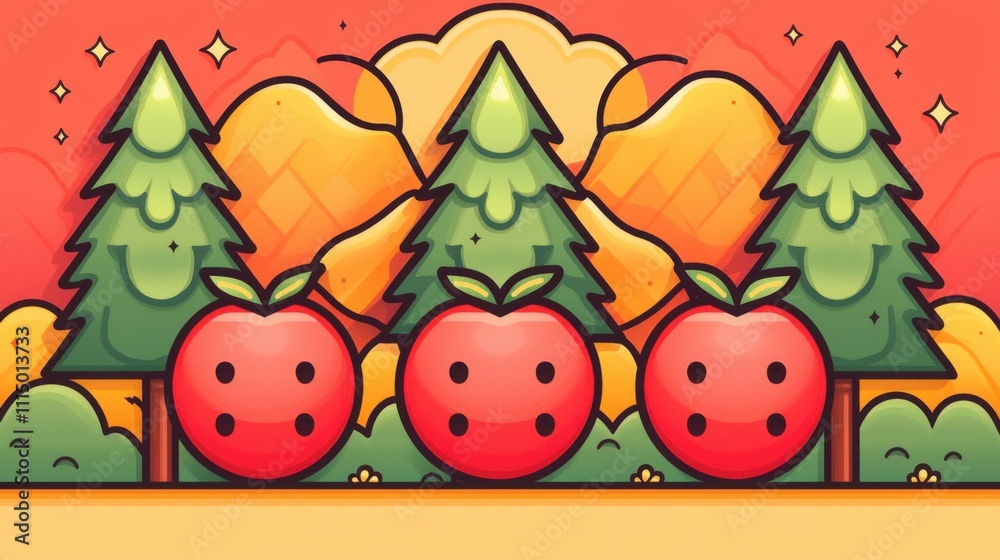Naklejka premium Cute Cartoon Apples in Autumn Forest Landscape