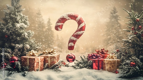 Christmas candy cane question mark in snowy forest with gifts.