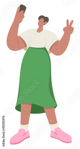 Young woman showing v sign taking selfies
