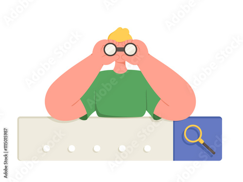 Man with binoculars above search bar