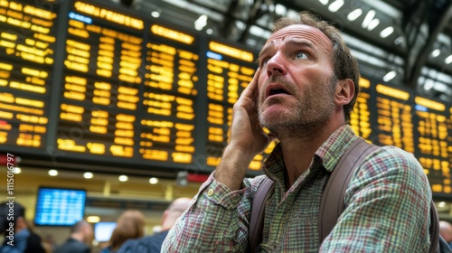Panicked Traveler at Crowded Train Station Departure Screen photo