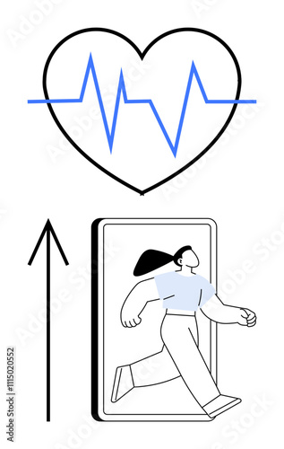 Person walking out of smartphone, a blue heartbeat line inside a heart shape above, and an upward arrow. Ideal for fitness apps, health monitoring, motivation, digital wellness, progressive goals