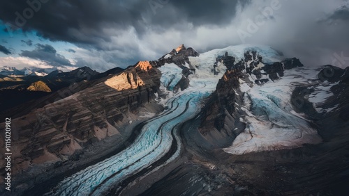 Intense Aerial Shot of Aconcagua, Argentina Aerial view of Aconcagua under stormy skies photo