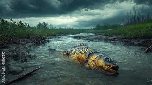 Dark stormy skies loom over a dead fish in murky waters, an unsettling reflection of climate change photo