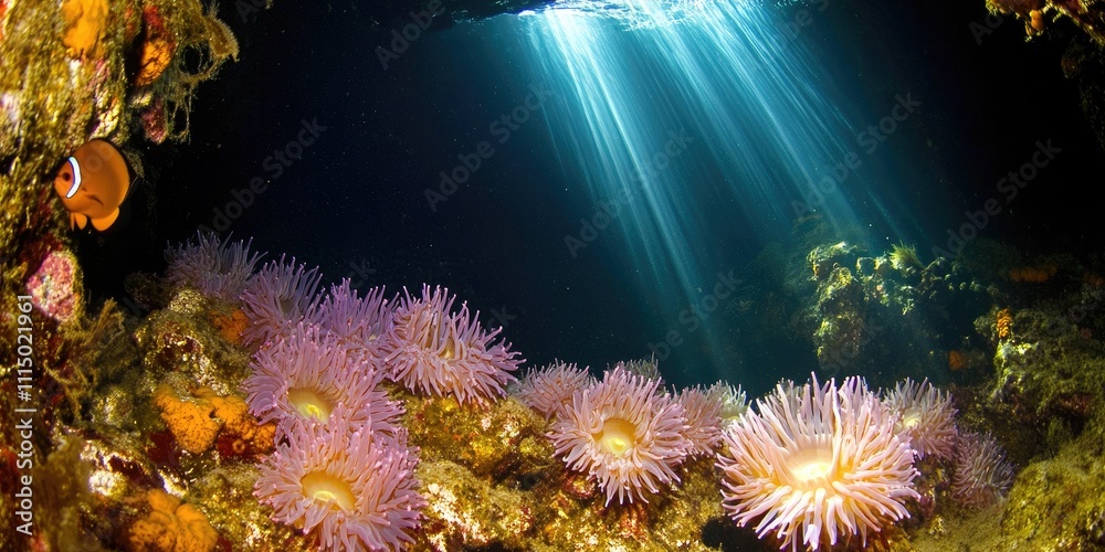Fototapeta premium A tranquil underwater cave with beams of light piercing through, highlighting colorful fish and sea anemones scattered around. 