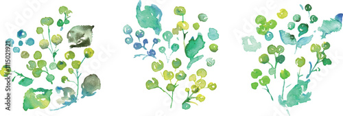 水彩画。水彩タッチの緑の植物イラスト。緑の葉っぱと草木のベクターフレーム。手書きの水彩草木背景。Watercolor painting. Green plant illustration with watercolor touch. Green leaves and grass vector frame. Hand drawn watercolor grass tree background.