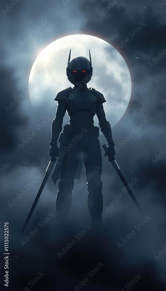 Obraz premium Nighttime Warrior Stands Before the Moon
