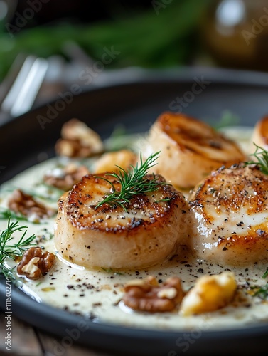 Seared Scallops with Creamy Walnut Sauce, Dill, and Black Pepper. photo