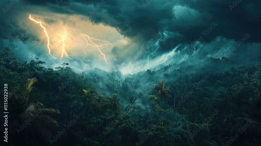 Fototapeta premium Tropical Storm Over Lush Jungle: Dramatic Lightning Strikes