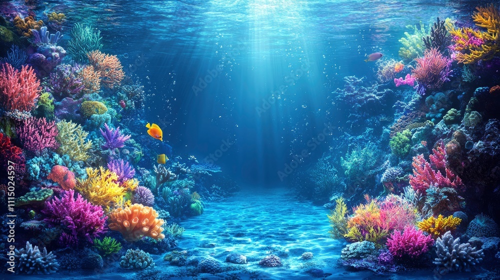 Obraz premium A vibrant underwater scene with colorful corals and marine life illuminated by sunlight.