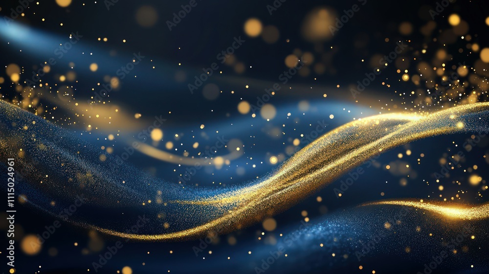 Obraz premium An elegant abstract background with dark blue and gold particles swirling together, with Christmas golden light bokeh on navy blue, and a gold foil texture adding a festive touch for holiday themes.