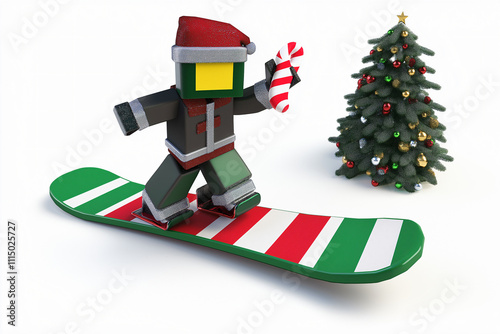 3D Character Snowboarding Peppermint Stripe Board Festive Christmas Red Green White Color Pattern Seasonal Winter Holiday Fun toy game design figure blocky 8bits low fidelity clipart candy vacation photo