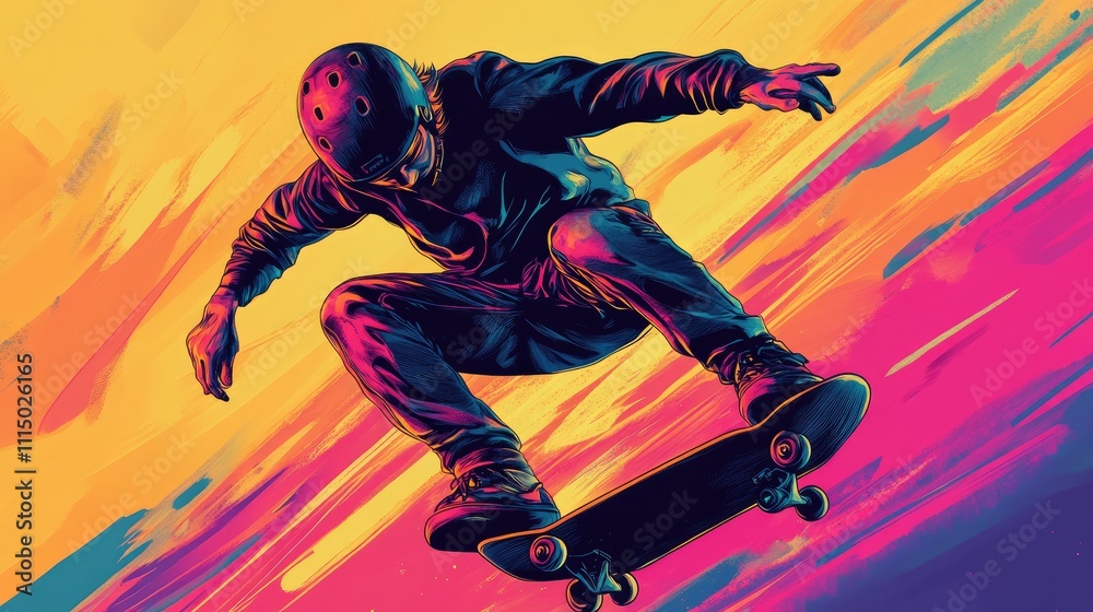 Skateboarder performing an aerial trick against a vibrant sunset backdrop. Skateboarder performing an aerial trick against a vibrant sunset backdrop.