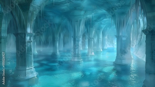 Enchanting underwater ice cave with ancient pillars and glowing blue water.