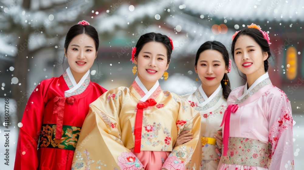 Obraz premium Four Women Dressed in Traditional Hanbok Attire in a Winter Environment Surrounded by Soft Falling Snowflakes and Historic Architecture