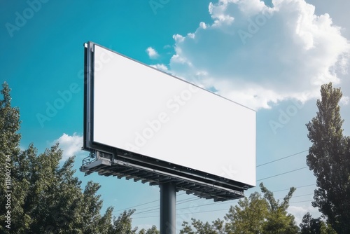 Blank Billboard Mockup: A large, blank billboard stands tall against a backdrop of blue sky and lush green trees, offering a clean canvas for your creative advertising vision.   photo