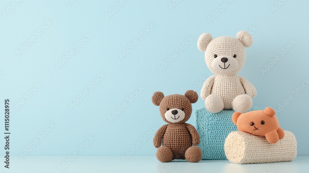 Fototapeta premium Adorable Woven Toy Bears Displayed on Soft Pastel Background Ideal for Children's Room Decoration or Online Shopping Promotion