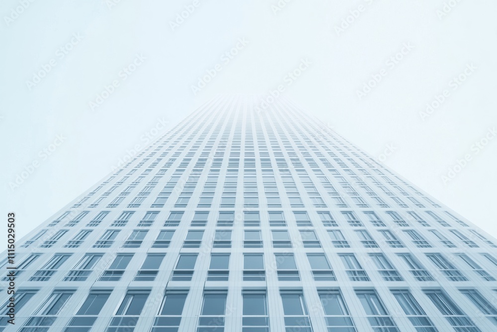 Fototapeta premium Reaching for the Sky: A minimalist perspective of a towering skyscraper, its uniform facade reaching towards a hazy sky. The image evokes ambition and architectural grandeur.