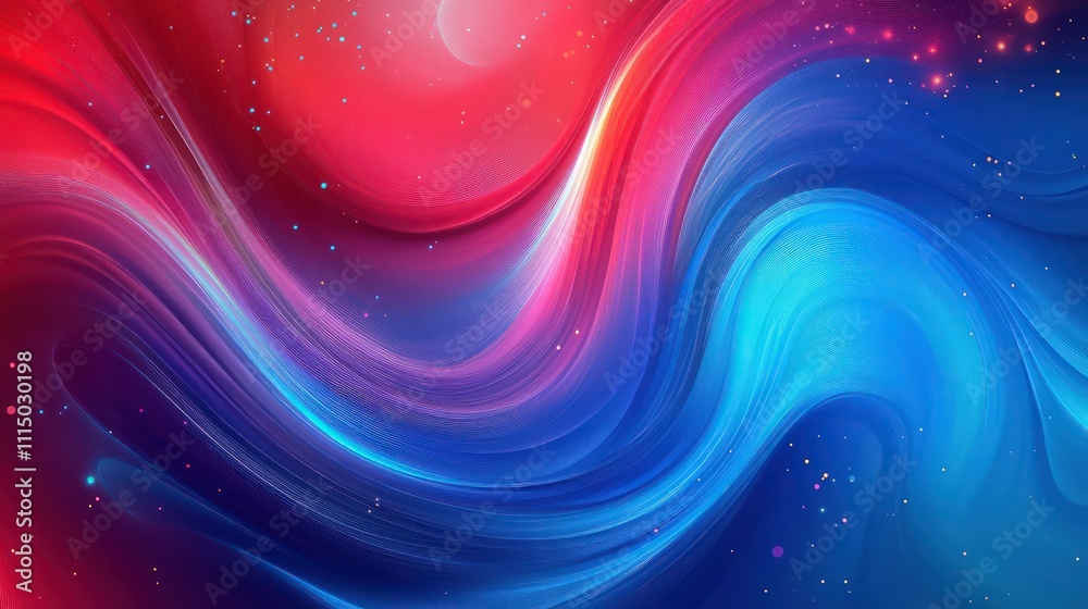 Obraz premium A vibrant gradient background that blends red, blue, and purple in a swirling motion, with subtle lighting effects and scattered glowing particles.
