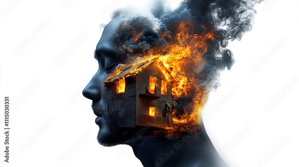 Burning House Within a Man's Mind: A Surreal Depiction of Inner Turmoil Burning House Within a Man's Mind: A Surreal Depiction of Inner Turmoil