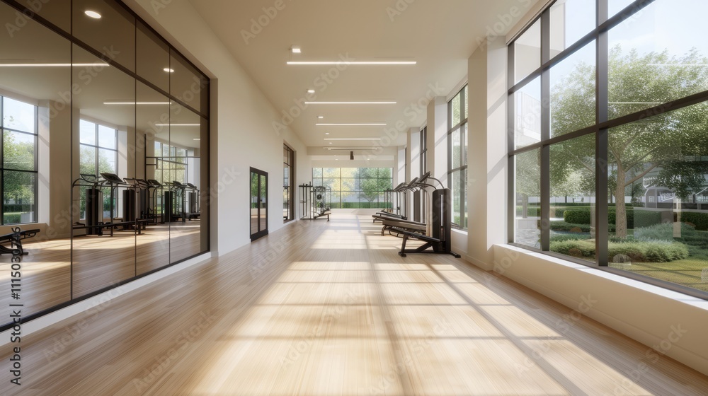 Modern Fitness Studio with Large Windows and Natural Light, Featuring Sleek Workout Equipment and a Serene Outdoor View, Ideal for Health and Wellness Imagery Modern Fitness Studio with Large Windows and Natural Light, Featuring Sleek Workout Equipment and a Serene Outdoor View, Ideal for Health and Wellness Imagery