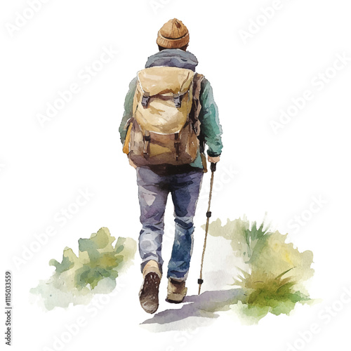 Watercolor illustration of a hiker with a backpack walking on a path in nature, in a clip art style, isolated on a white background.