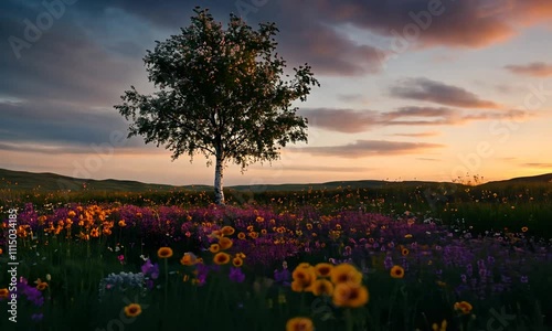 Wallpaper Mural Solitary flowering tree in vibrant sunset meadow. Torontodigital.ca