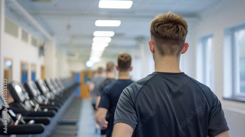 Group of Young Men Walking Towards Fitness Equipment in Modern Gym, Focus on Exercise Motivation and Healthy Lifestyle in Bright Interior Space Group of Young Men Walking Towards Fitness Equipment in Modern Gym, Focus on Exercise Motivation and Healthy Lifestyle in Bright Interior Space