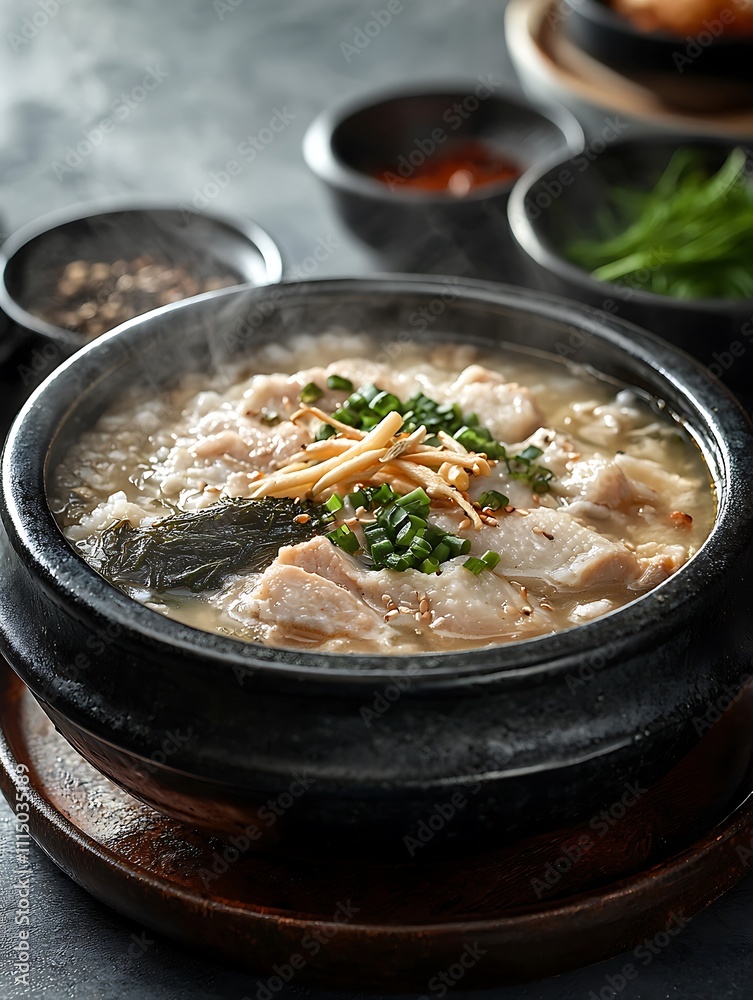 Korean Rice Jook Steaming Hot Bowl of Juk (Korean Rice Porridge) with Chicken and ...