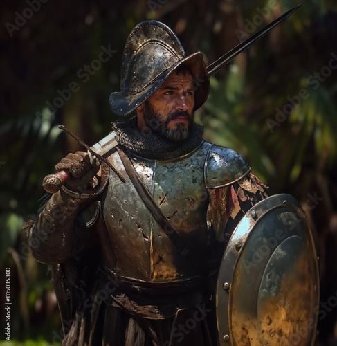 Epic character of a Spanish conquistador in America with tarnished armor, sword in hand and round shield, ready to face the unknown challenges of the conquer in the jungle. Cinematic scene of conquer. photo