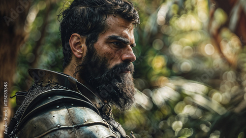 Profile of a rugged Spanish conquistador with a thick beard and metallic armor stares intently, surrounded by dense jungle foliage and sunlight dappled greenery photo