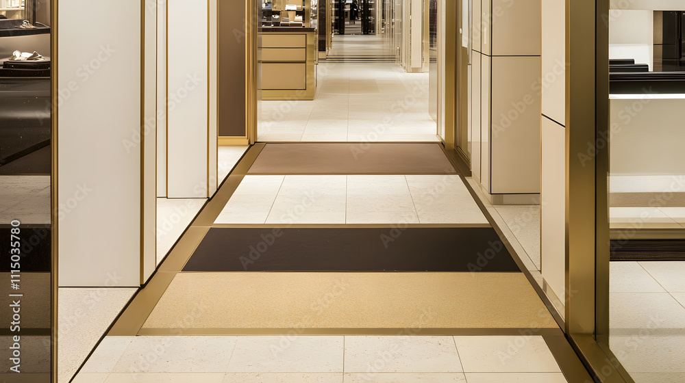 Obraz premium A modern, stylish corridor with elegant flooring and subtle lighting, leading to upscale retail spaces