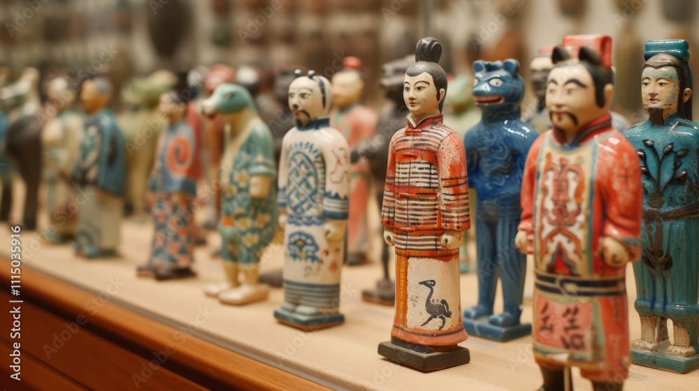 Fototapeta premium Colorful Collection of Traditional Ceramic Figurines Displayed on a Wooden Shelf, Highlighting Cultural Heritage and Artistic Craftsmanship in Detail